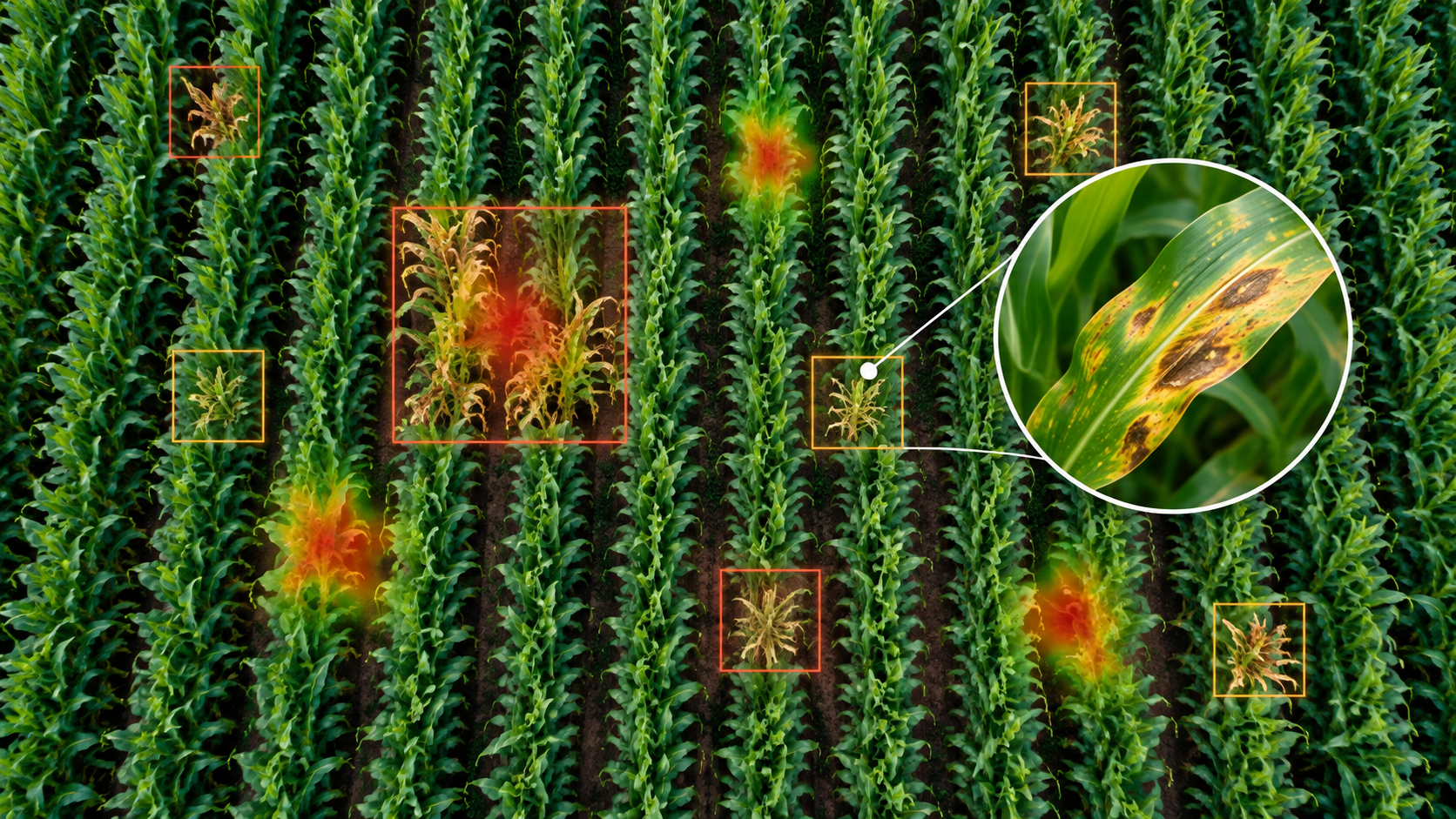 Crop rows with disease-stressed plants identified by imaging analysis
